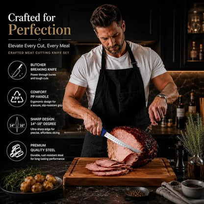DRAGON RIOT 4 Piece Butcher Knife Set Brisket Trimming Set Include 6" Boning Knife, 6" Skinning Knife, 10" Butcher Breaking Knife and 10" Sharpening Steel