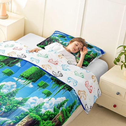 Manfei Pixelated Games Comforter Set -Cartoon Gamepad Comforter Twin Size Block Building Gaming Bedding Set for Kids Teens Bedroom Decor Fashion Modern Quilt Duvet,2 Pcs with 1 Pillowcase