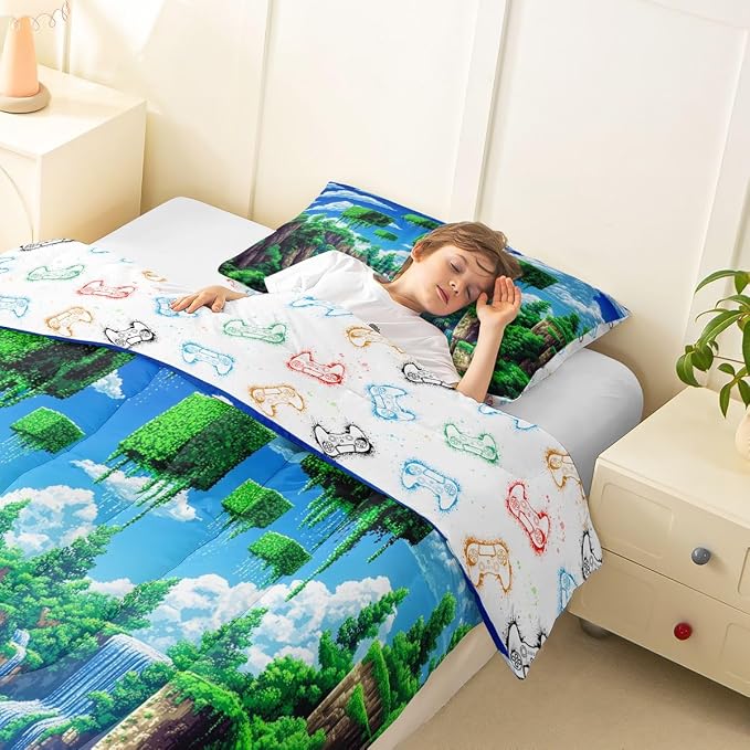 Manfei Pixelated Games Comforter Set -Cartoon Gamepad Comforter Queen Size Block Building Gaming Bedding Set for Kids Adults Bedroom Decor Fashion Modern Quilt Duvet,3 Pcs with 2 Pillowcase