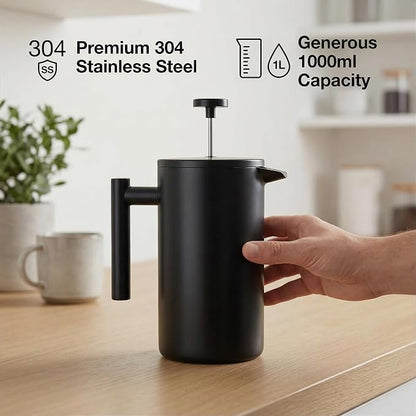YJX 34oz Coffee Maker, Stainless Steel French Press, 1 Liter Camping Coffee Pot, Tea Maker, 34 Ounce Travel Coffee Presses, Heat Resistant Double Insulated (Black)