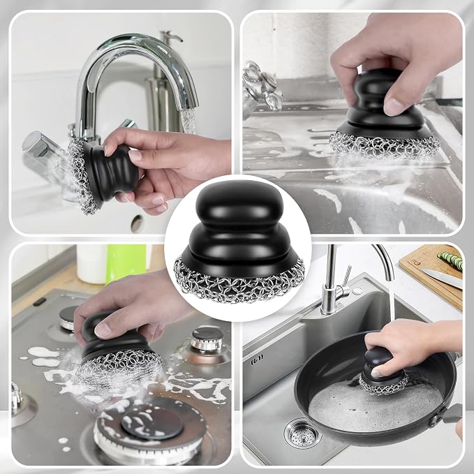 Cast Iron Scrubber and Scraper, Chain Mail Scrubber Cast Iron for Cleaning Dishes, Stock Pots, Pans, Griddles, Grills, Dish Scouring Pads