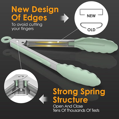 Hotec Mini Silicone Kitchen Tongs for Cooking - 7-Inch Small Serving Tongs with Silicone Tips, Set of 3 (Light Green)