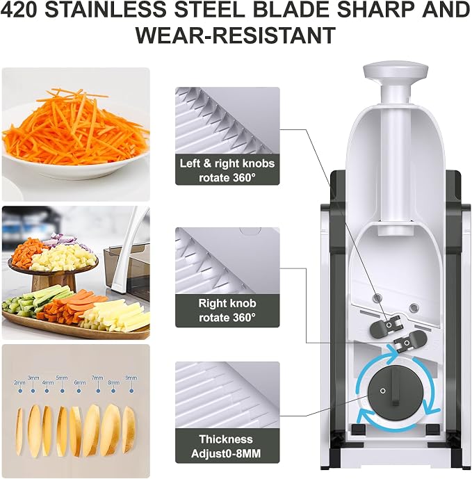 5 in 1 Safe Mandoline Slicer for Kitchen, Safe Vegetable Chopper with Paring Knife, Adjustable Thickness, Easy to Clean, Vegetable Slicer, Slicing, Strips, Shredding, Dicing, Chop (GreenBlack)