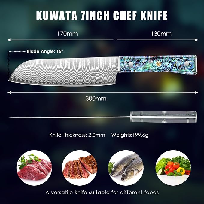 Damascus Santoku Knife, Japanese Knife 10Cr15MOV Blade with Hand Forged Hammer Pattern Chef Knife, Hand forged VG10 steel cooking knife, Ergonomic abalone shell G-10 handle with Gift Box