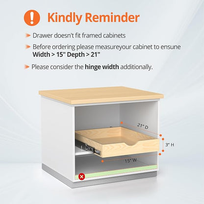 ZOINLIY 15''W X 21''D X 3''H Wooden Pull Out Drawer for Cabinet, Cabinet Organizer for Kitchen, Soft Close Slide Out Shelves, Heavy Duty, Full-Extension