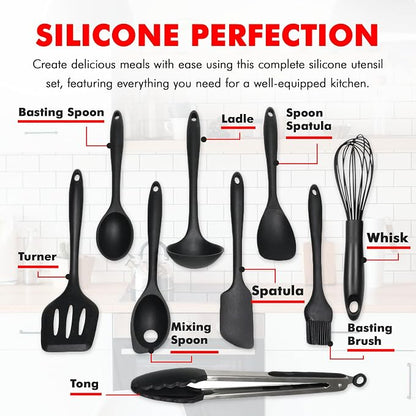 Chef Craft - Premium Silicone Kitchen Tools and Utensils Set, Non-Scratch, Withstands Temperatures up to 450°F, BPA-Free, 9 Piece Cooking Utensils Set, Black