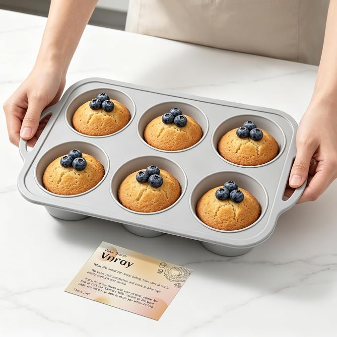 Jumbo Silicone Muffin Pan with Metal Frame, Non Stick Silicone Cupcake Pan with Handles 6 Cup, BPA Free Silicon Muffin Tin Tray Extra Large for baking, egg bites, Cupcake Mold Light Grey