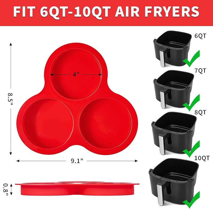 Puyeipt 2 Pack Air Fryer Muffin Top Pans, 4 Inch Jumbo Silicone Egg Molds for Breakfast Sandwiches, Egg Bites, Hamburger Buns, Tart, Pancake