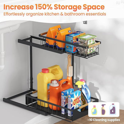 2 Pack 2 Tier Under Sink Organizer and Storage for Bathroom and Kitchen - Under Cabinet Pull Out Shelf Organizers - Sliding Out Drawer Organization for Home Cabinets Shelves and Drawers