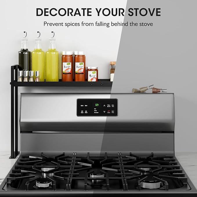 Bumusty Adjustable High Stand Stove Top Shelf – Expandable 4-Level Spice Rack and Kitchen Countertop Organizer, Anti-Slip Metal, 27"–33" Length, 11"–14" Height, Black