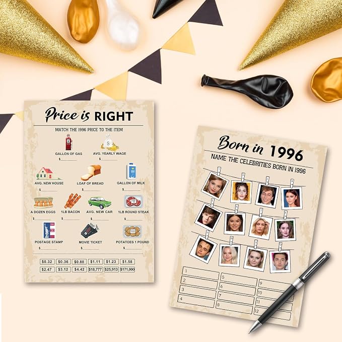 QUPT 30 th Birthday Party Games, Set of 2 Activities for 15 Guests, Born in 1996 Games Bundle, Birthday Party Supplies for Adults, Pack of 30 Cards