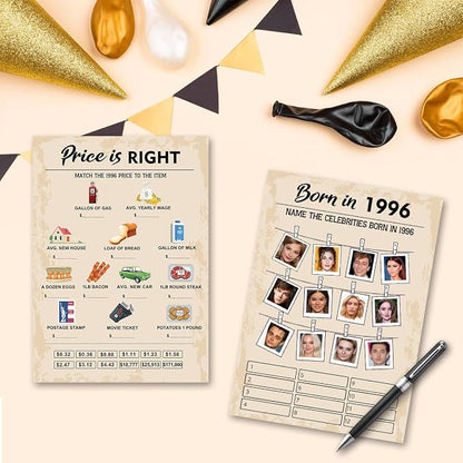 QUPT 30 th Birthday Party Games, Set of 2 Activities for 15 Guests, Born in 1996 Games Bundle, Birthday Party Supplies for Adults, Pack of 30 Cards
