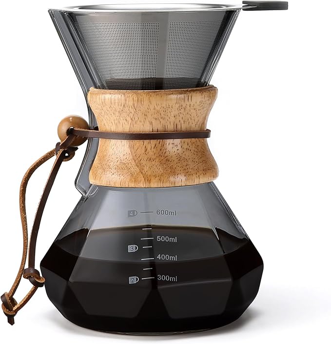 Lalord Pour Over Coffee Maker with Stainless Steel Filter, 20 oz Borosilicate Glass Coffee Carafe, Wooden Collar, Coffee Maker Carafe, Hold 3-4 Cups, 600 ml, Gray