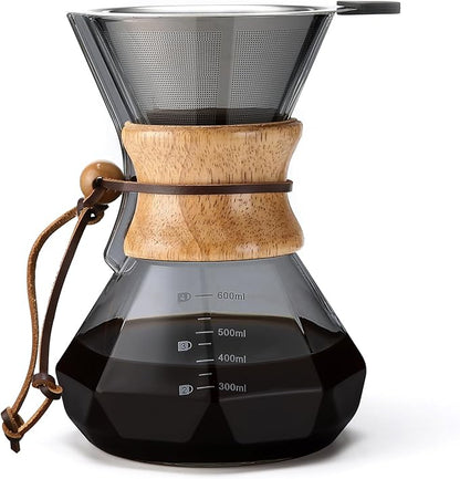Lalord Pour Over Coffee Maker with Stainless Steel Filter, 20 oz Borosilicate Glass Coffee Carafe, Wooden Collar, Coffee Maker Carafe, Hold 3-4 Cups, 600 ml, Gray