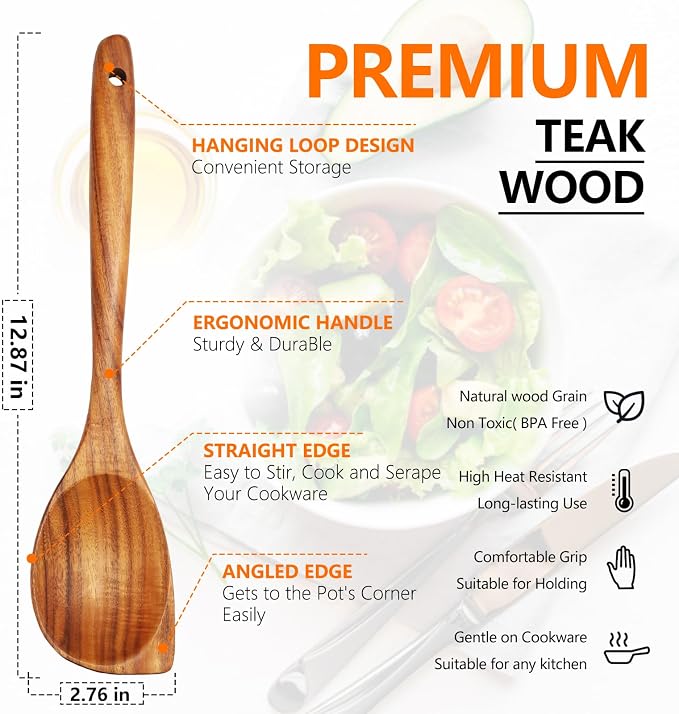 Wooden Spoons for Cooking, Natural Teak Wood Spoon and Spatula, Heat Resistant Non Scratch Utensils for Nonstick Pans, Large Cooking Spoons with Good Grip for Stirring, Serving, Salad
