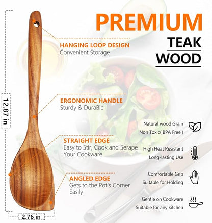 Wooden Spoons for Cooking, Natural Teak Wood Spoon and Spatula, Heat Resistant Non Scratch Utensils for Nonstick Pans, Large Cooking Spoons with Good Grip for Stirring, Serving, Salad