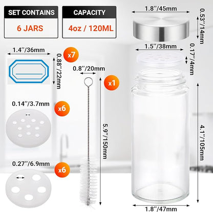 Segarty 4oz Spice Jar with Stainless Steel Shaker Lids, 6 PCS 120ml Round Glass Jars with Labels, Clear Seasoning Containers Spices Organization for Cabinet, Empty Bottles with 7 Stickers and 1 Brush