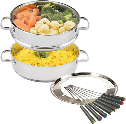 Nuwave 18/8 Stainless Steel Ultimate Cookware Set, Free of PTFE, PFOA, PFOS, Fondue Pot Set, Works On ALL Cooktops and Induction Cookers, Steamer Basket, Glass Lid & 8 Fondue Forks Included (Renewed)
