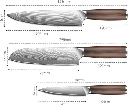 Kuwata 3 Pieces Chef Knife Set, Professional Japanese High Carbon Stainless Steel Kitchen Knife Set, Ultra Sharp Chef Knives Sets with Ergonomic Color Wooden Handle