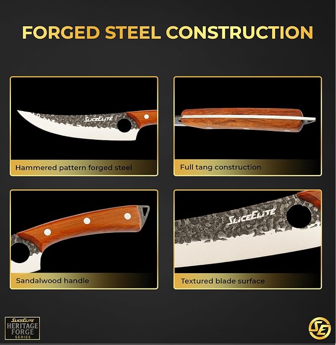 SliceElite Hand-Forged Professional Butcher Knife (3 PC PREP KNIFE SET W/SANDSLWOOD HANDLES)