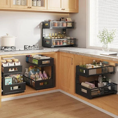 Under Sink Organizer, 2-Tier Dual Pull Out Cabinet Organizer Drawers With Smooth Circular Rail, Large Capacity Metal Mesh Sliding Shelves For Bathroom& Kitchen Storage,Height Adjustable–Black,1 Pack