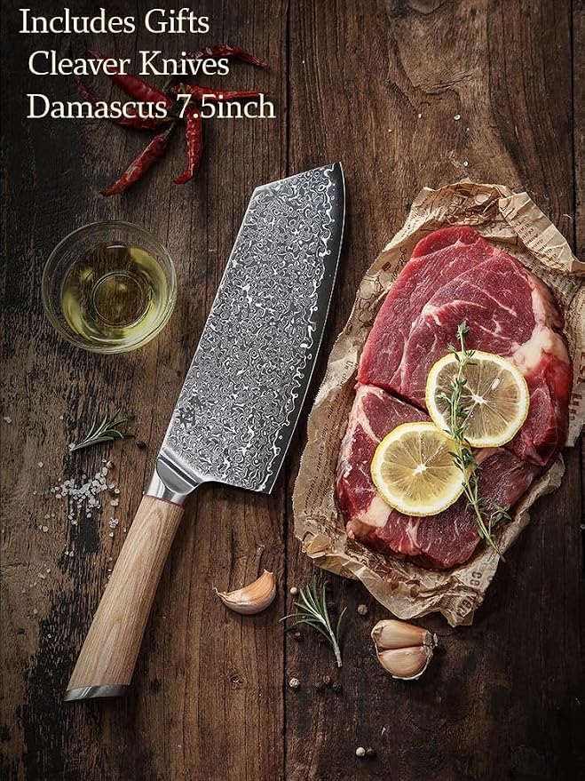 DONGSUN 7.5 Inch Damascus Taiwanese Cleaver with North American Black Walnut Sheath, 67-Layer VG10 Forged Steel Wide Blade Kitchen Knife, Professional Durable Sharpness
