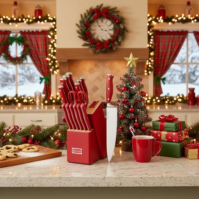 Red Knife Set, 15-Piece Knife Block Set with Built-in Sharpener Scissors for Kitchen, Dishwasher Safe Knives Set Elegant Present for Family & Restaurant
