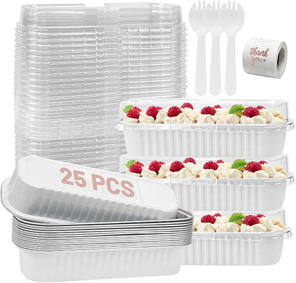 25Pack White Mini Cake Pans with Lids 6.8 Oz Mini Loaf Pans and Spoons and Stickers, Aluminum Foil Pans Tins, Individual Dessert Cups Containers for Sales,Party,Picnics