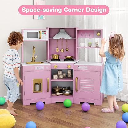 Costzon Corner Kids Kitchen Playset, Wooden Toy Kitchen Set w/Lights & Sounds Range Hood, Ice Maker, Pretend Telephone, Sink, Faucet, Microwave, Oven, Play Kitchen for Kids 3+ (Pink+Golden)
