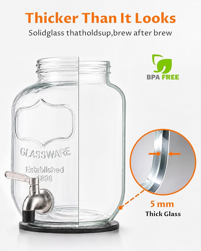 1 Gallon Cold Brew Coffee Maker – Heavy Duty Glass Iced Coffee Maker with Stainless Steel Filter, 128oz Mason Jar Cold Brew Pitcher with Spigot Perfect for Iced Coffee, Cold Brew, and Iced Tea Brewing