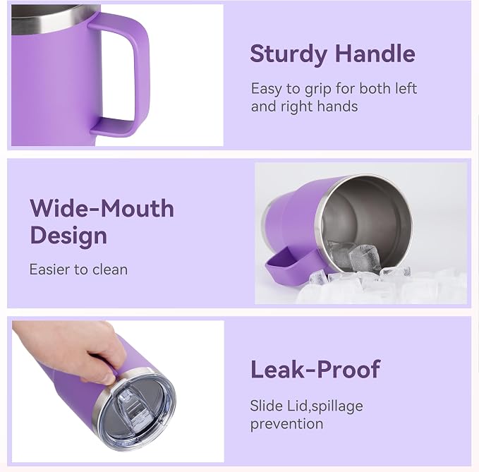 20oz Tumbler Bulk with Lid, Stainless Steel Tumbler Bulk with Handle, Metal Insulated Travel Coffee Mug Set with Handle, Double Wall Vacuum Leak Proof Tumbler Cup, Purple 6 Pack