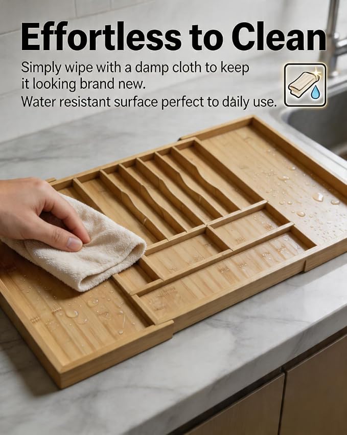 Expandable Bamboo Silverware Drawer Organizer – Adjustable 33" Wide Wooden Utensil Tray with 11-Compartments, Large Kitchen Flatware & Spoon Holder, Natural Solid Wood for Drawers