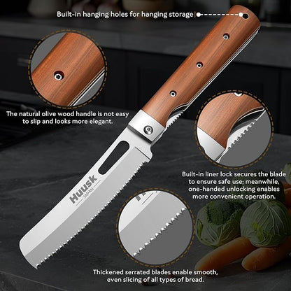 Huusk Folding Chef Knife Set - Including Nakiri, Santoku, Bread and Fruit Knives - EDC Kitchen Knife Set with 440C Stainless Steel Ultra Sharp Blade - Japanese Pocket Knives - Gifts for Men and Women