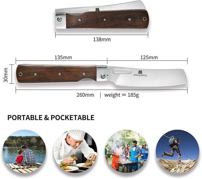ZhengSheng Folding Chef Knife 4.8" Sharp 440A Stainless Steel Blade Wooden Handle Pocket Foldable Japanese Style Kitchen Knife for Outdoor Camping Cooking