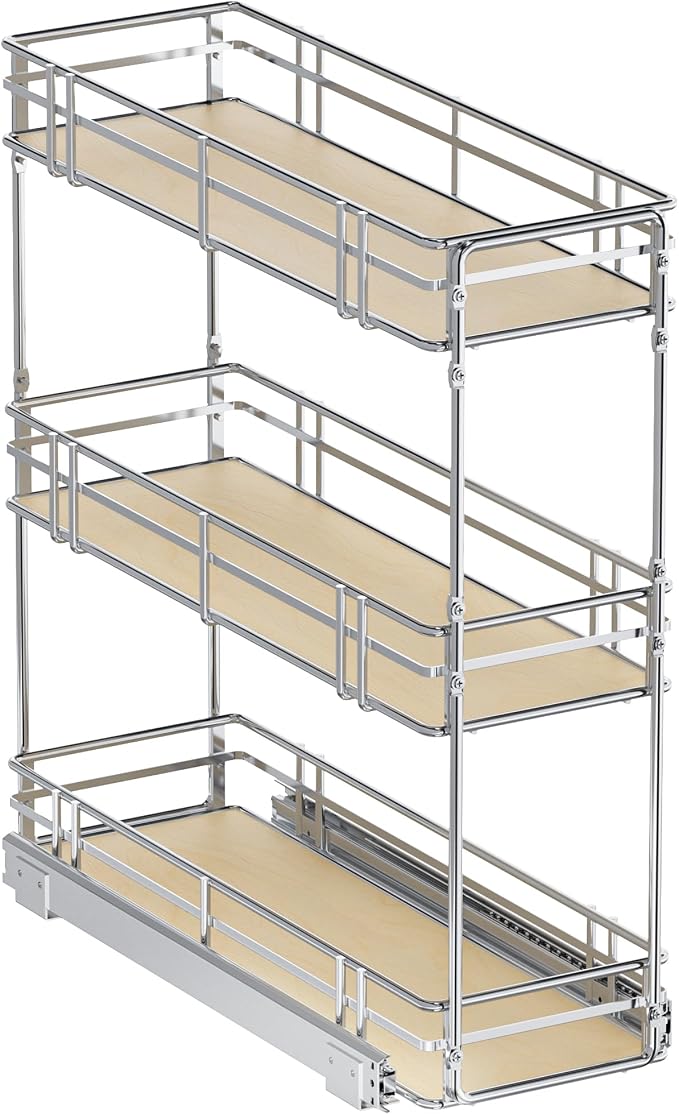 8" W x 20.5" D 3-Tier Pull Out Spice Rack Organizer, Solid Wood Base Slide Out Cabinet Shelf for Narrow Kitchen Cabinets, Chrome Pantry Storage