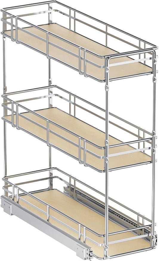 8" W x 20.5" D 3-Tier Pull Out Spice Rack Organizer, Solid Wood Base Slide Out Cabinet Shelf for Narrow Kitchen Cabinets, Chrome Pantry Storage