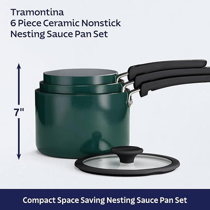 Tramontina Ceramic Non Stick 6-Piece Nesting Sauce Pan Set with Lids - Stackable Nonstick Cookware Set, Dishwasher and Oven Safe, Teal