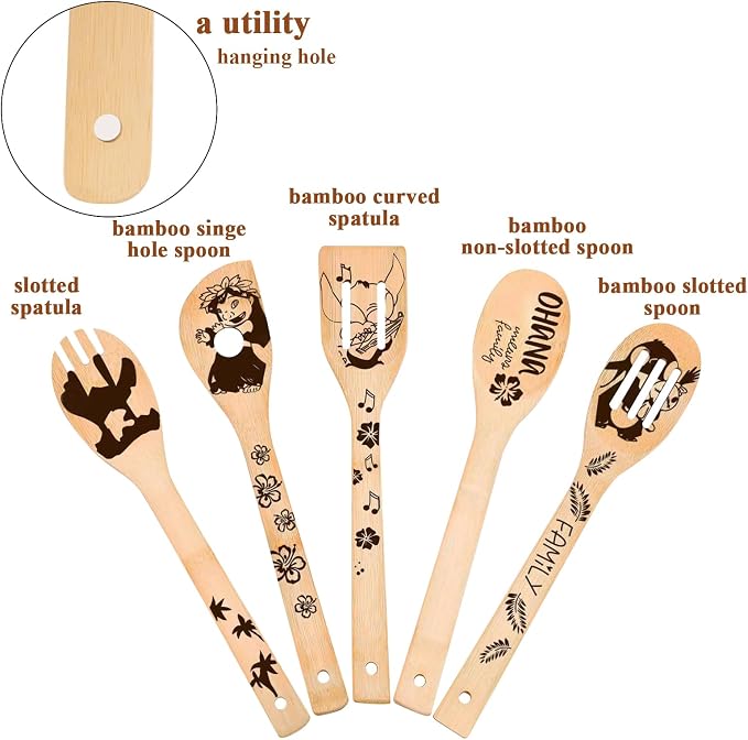 Birthday Gifts for Women - 5 PCS Leo and Stitc Wooden Spoons for Cooking,Engraved Cartoon Kitchen Accessories,Cute Cartoon Spatula for Kitchen Decor Stitc Kitchen Stuff,Lelo and Stitc Gifts
