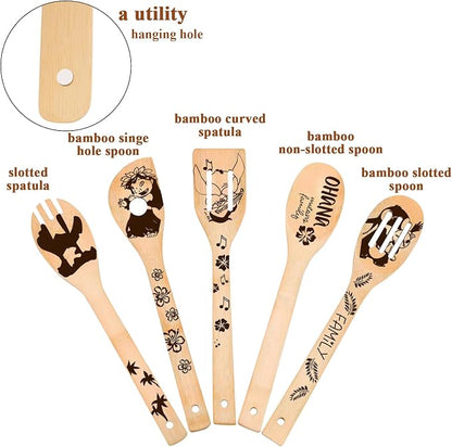Birthday Gifts for Women - 5 PCS Leo and Stitc Wooden Spoons for Cooking,Engraved Cartoon Kitchen Accessories,Cute Cartoon Spatula for Kitchen Decor Stitc Kitchen Stuff,Lelo and Stitc Gifts