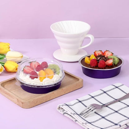 Beasea Mini Ramekins with Lids, 100 Pack 7.3oz Disposable Aluminum Tart Pie Baking Tins Pans, 4 Inch Small Individual Cheesecake Tart Containers Oven Baking Dishes for Party - Violet Purple