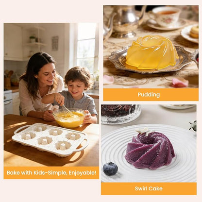 FUNBAKY Mini Swirl Cake Pan with Metal Reinforced Frame, 2Pcs Silicone 6-Cavity Mini Flan Molds, Nonstick Fluted Cake Pan for Cupcake, Brownie, Donuts, Jello