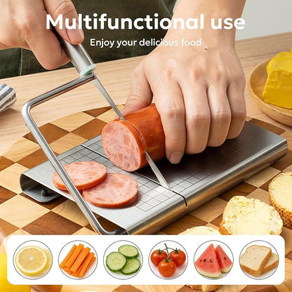 Multipurpose Stainless Steel Cheese Cutter, Bread Slicers with Precision Grid Scale and Anti Slip Base for Block Cheese, Butter, Bread, Sausages, Fruits, Kitchen Gadget Cheese Cutting Board
