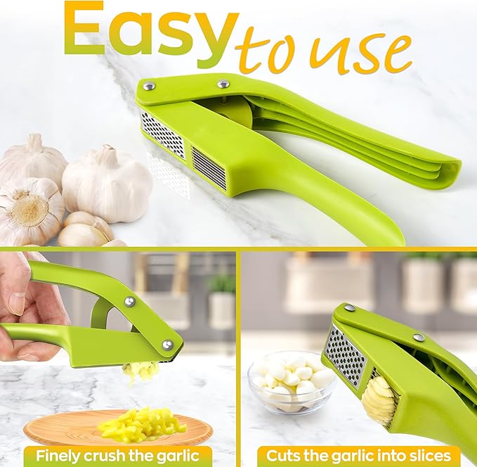 2 in 1 Garlic Slicer and Garlic Press - Multipurpose Garlic Press and Slicer, Stainless Steel and Durable Plastic, 7.6 x 1.7 x 2.5", Easy to Use and Clean, Good for Home and Commercial Use