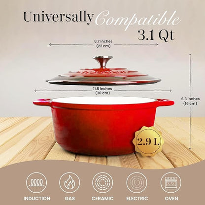Cast Iron Dutch Oven with Lid-Non-Stick Ovenproof Enamelled Casserole Pot- Sturdy Dutch Oven Cookware - Red, 3.1- Quart, 22cm- by Nuovva
