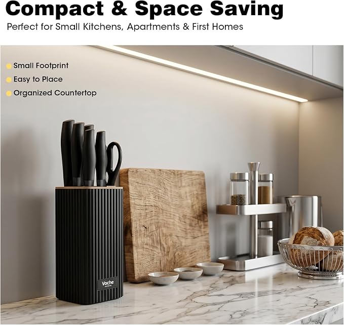 Knife Set, Kitchen Knife Set with Block, 7 Pcs Compact Knife Set, Knife Block Set Space Saving Stainless Steel Kitchen Knives with Scissors for Small Kitchens, Apartment & Everyday Cooking
