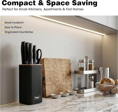 Knife Set, Kitchen Knife Set with Block, 7 Pcs Compact Knife Set, Knife Block Set Space Saving Stainless Steel Kitchen Knives with Scissors for Small Kitchens, Apartment & Everyday Cooking
