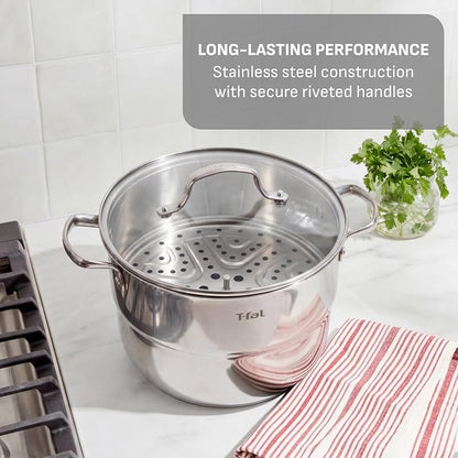 T-Fal Specialty 7.2 Quarts Stainless Steel Pan Stockpot with Lid, Induction Compatible, Dishwasher Safe, Oven Safe to 500°F, Stew Pot, Silver
