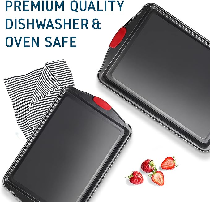 Baking Sheet, 2PC Cookie Sheet Set with Silicone Handles, Nonstick Steel Baking Pan, Baking Sheets for Oven, BPA Free Baking Pans Set, Cookie Sheets– Black Bakeware, Small & Medium