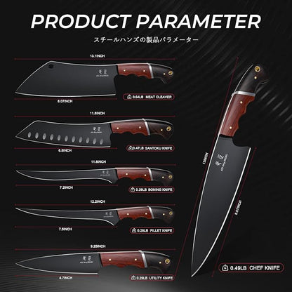 DRGSKL Kitchen Knife Set with Bag - 6 PCS Chef Knives Set - Cleaver, Boning, Fillet, Santoku, Kitchen Utility Knives, Chef Knife with Full Tang Wooden Handle, Gifts for Men and Women