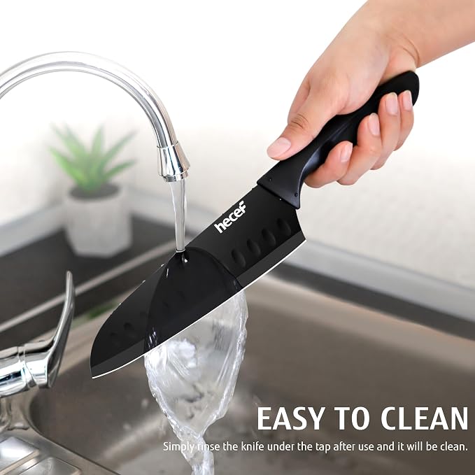 hecef Black Kitchen Knife Set of 3, Sharp Knives with Stainless Steel Blade, Lightweight Handle, Non-stick Coating Set Includes 7", 5", 3.5" Knives